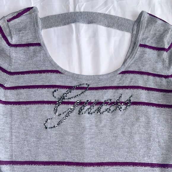 GUESS Vintage Y2K Vibes Grey Purple Glitter Stripe Bling Graphic Sweater… - Picture 2 of 5